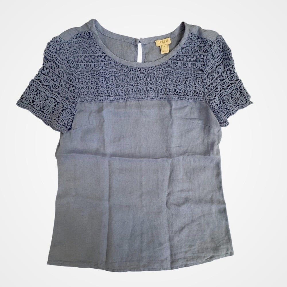 J.Crew Blue 100% Linen Lace Yoke Short Sleeve Blouse Top C3489 Size 0